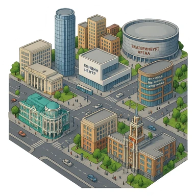 Изометричная миниатюрная фотореалистичная 3D модель Екатеринбурга - Дом Севастьянова, Ельцин-центр, Уральский федеральный университет, дома, Екатеринбург Арена, Штаб-квартира Русской медной компании, Здание Свердловского городского совета народных депутатов, четкие линии, яркие цвета, мультяшный реализм, люди, автотранспорт, компактная композиция, вид сверху в изометрии, прозрачный фон sticker