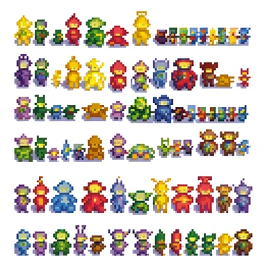 Teletubbies in pixel art style, simplified and colorful, each character easily recognizable by their shape and color sticker