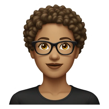 A women with brown medium curly hair, light skinned, full cheeks, black shirt and black glasses  sticker