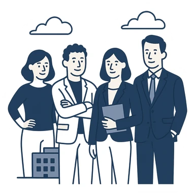 agency team, professional group, modern office, diverse people, clean background, flat blue illustration style sticker