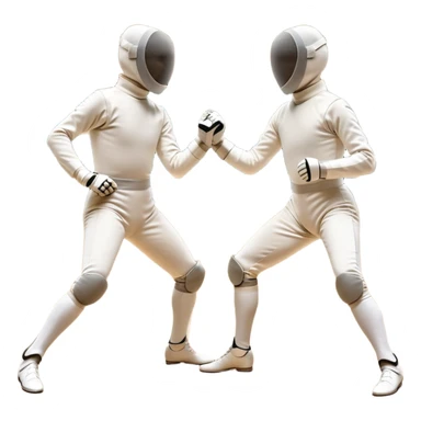 Two fencers in symmetrical stances, with crossed épées in front of them. Their forms are elegant and precise, showcasing the balance and strategy of fencing. The background features a blurred fencing piste, with subtle motion lines to emphasize the elegance and speed of the sport. sticker