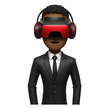 Cyberpunk man wearing black suit, red VR headset sticker
