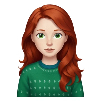woman with long dark auburn red hair that is mostly straight but has slight waves to it. grey blue eyes. some freckles. wearing a Swedish style sweater that is green. blue grey eyes.  sticker