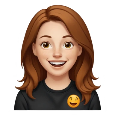 A 38 year old white woman with long brunette hair parted in the middle. She has her nose pierced. Her nose is medium sized. She has brown eyes. She has freckles and is wearing a black sweatshirt and is laughing  sticker