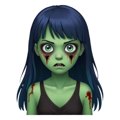 faça uma garota na forma de zumbi com a pele verde, assustada e com os olhos azuis, com o cabelo bem preto com franja e longo e a roupa decotada preta sticker
