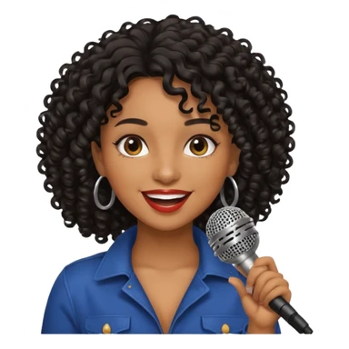 brown skin woman, curly black hair, singer, hold micro sticker