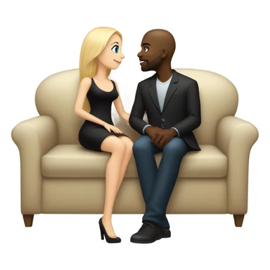 Blonde woman with blue eyes and long straight hair wearing a short black dress and a black man who is bald with a goatee seated together on a sofa enjoying a loving kiss.   sticker