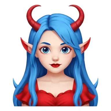 Female devil with long blue hair and horns,  cute face, half body sticker