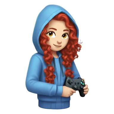 a white girl with long red curly hair, wearing periwinkle Minecraft hoodie holding a controller sticker