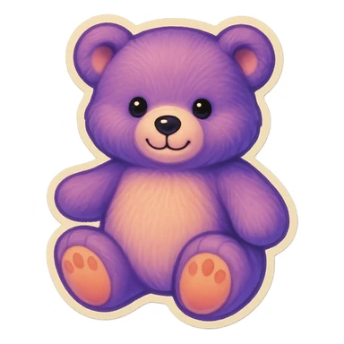 Remove the glitter effect from the purple and white teddy bear's fur, keep it soft and plush, no shadows, flat lighting, no background. sticker