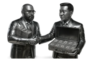 Remove the beanie from the man on the left. Change both men's outfits to shiny metallic chrome suits, keeping their natural skin tones. The man on the left is holding a stack of money, and the man on the right is holding an open briefcase full of money. Keep the handshake pose intact. Transparent background. sticker