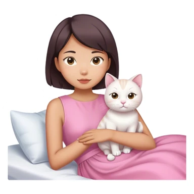 Short hair Asian girl wake up with white cat in pink dress  sticker