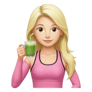 long haired blonde pilates instructor in pink drinking matcha in cute set sticker