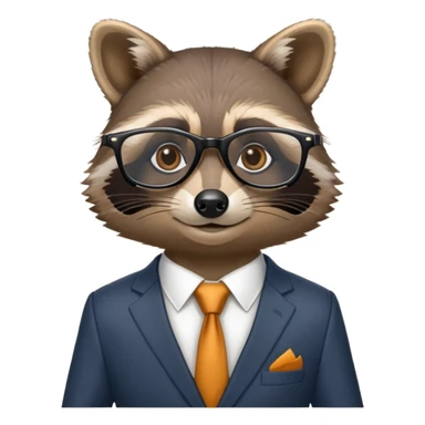 Pixar-style raccoon with glasses and an expensive business suit sticker