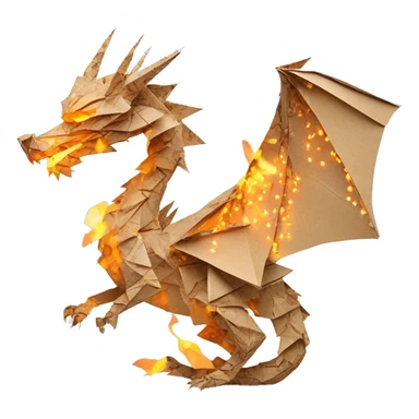 Charred flaming Beige Origami dragon made of newspapers on fire letters on fire burnt paper surrounded by fairy lights swirls covered in dried flowers bokeh floral flowers fire flames sticker