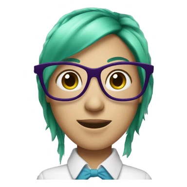 Nerd emoji, female, with green ponytail and purple glasses and blue eyes sticker