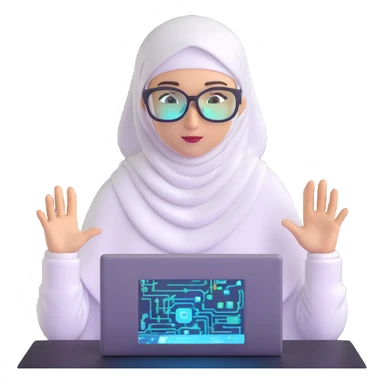 computer engineer with white hijab actively coding and building in the metaverse, hands manipulating holographic code, creating virtual structures, programming digital environments, surrounded by her code creations coming to life, AR glasses on sticker