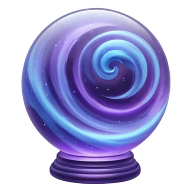A glass sphere filled with swirling purple and blue dust, glowing softly, 3D. Use muted, calm purples and blues instead of bright neon tones, to create a harmonious and elegant look. sticker