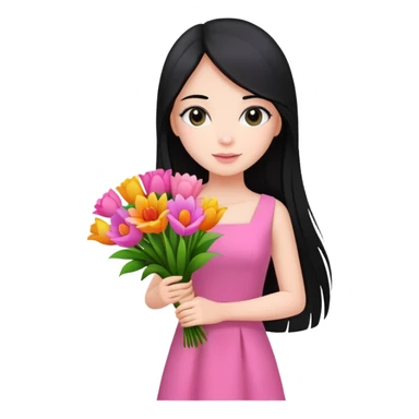 Beautiful girl with long straight black hair, fair skin, wearing pink dress, holding a bouquet of colorful flowers sticker