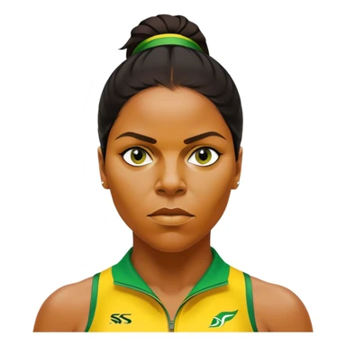 Cinematic Realistic portrait of Cathy Freeman, shown as an iconic Australian sprinter with a focused, determined expression and modern athletic yellow and green attire accented with subtle native motifs, rendered in dynamic, vibrant lighting sticker