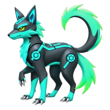 Black and green cyberpunk intricate neon glowing grey white futuristic cyborg-Zeraora-Zoroark-Umbreon-Litten-Salandit-fusion (full body) sticker