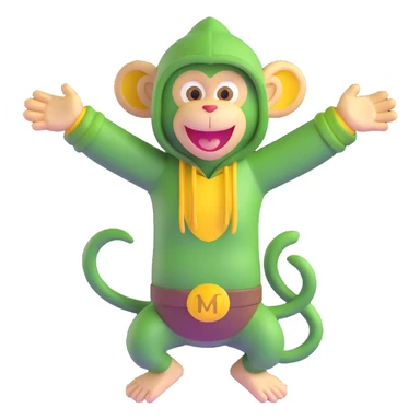 Cute 3D green monkey with big yellow ears, dark hood, and a happy face. Arms open wide, always smiling and full of energy. Friendly, fun, and curious — perfect for preschool kids. sticker