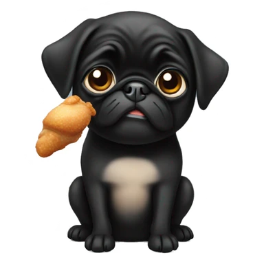 Black pug holding a chicken leg on his had sticker