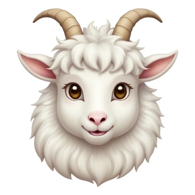 Cinematic Cute White Goat Portrait Emoji, Head tilted playfully and inquisitively, featuring a fluffy, immaculate white fur with charming curved horns, round, sparkling eyes filled with gentle curiosity, Simplified yet irresistibly adorable features, highly detailed, glowing with a warm, friendly glow, high shine, affectionate and lively, stylized with a touch of whimsical charm, bright and endearing, soft glowing outline, capturing the essence of a mischievous yet loving goat, so playful it feels like it could trot out of the screen and into your arms! sticker