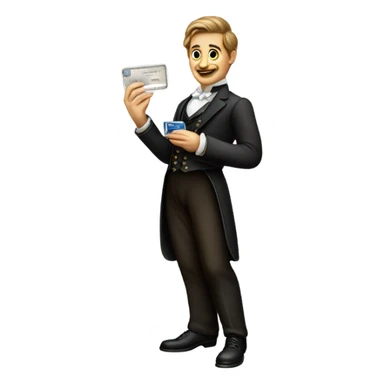 galora waiter Victorian dress elegant full body, holding big credit card sticker