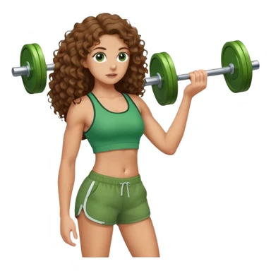white girl with long brown curly hair in green top and shorts holding weight on her back sticker
