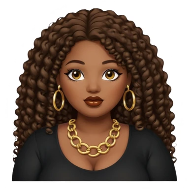 big plus size, darker skin, gold hoops, long dark brown curly hair, baddie,pretty, makeup, lipgloss, black eyeliner, long hair, black top sticker