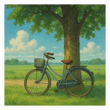 bicycle leaning against a tree, ghibli style sticker