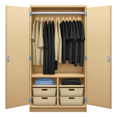 Wardrobe with both doors open showing organized collection of black shirts, khaki pants and overalls for work sticker
