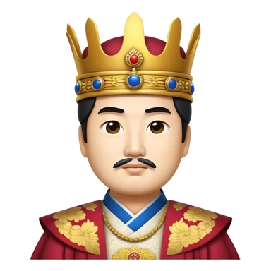 Cinematic Realistic King Sejong Portrait Emoji, depicted as a wise benevolent monarch in traditional Korean royal attire with a thoughtful gaze, rendered with intricate textures and regal soft lighting that captures his historical significance. sticker