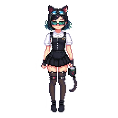 a woman in black clothing and goggles, 1girl, thighhighs, solo, animal ears, cat ears, skirt, black hair, goggles, black skirt, black thighhighs, 3d style sticker