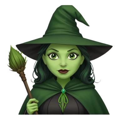 elphaba wicked witch with broom close up, evil dark coily long  hair, green skin, thick green lips, cheekbones, smirk evil menacing cythia erivo dark aesthetic black hat cloak  sticker