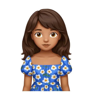 Teenage girl with golden brown skin, chocolate brown eyes, dark wavy hair with curtain bangs, and blue floral dress sticker
