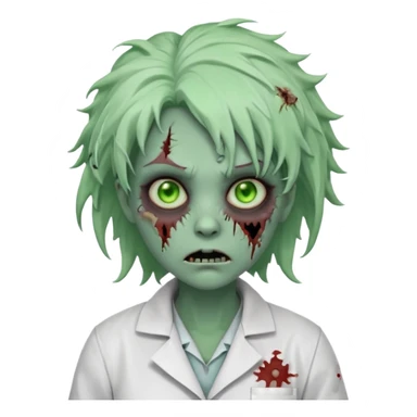zombie scientist woman portrait, head and shoulders only, torn lab coat collar, pale green skin, stitched face details, glowing eerie eyes, messy hair, creepy but cute cartoon style, 3D cartoon, mobile game icon style, clean background, no text, no watermark
 sticker