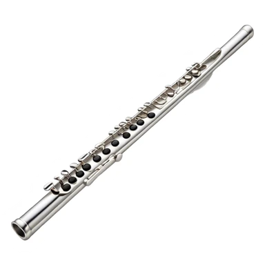 Cinematic Realistic Flute, polished silver metal with precise keywork, soft reflections of warm light dancing along its length, a musician’s delicate fingers pressing the keys, glowing with a sleek and elegant charm. sticker