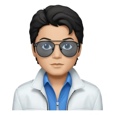 Michael Jackson is white, wearing completely black smokey Ray-Ban glasses, a white jacket, and a blue shirt. sticker