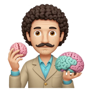 Enhance the claymation man holding a brain by adding more depth and dimension to the image. Make him more attractive and quirky, inspired by the first version, with dark curly hair, thick mustache, light skin, freckles, more movement, claymation style, visible fingerprints, and pastel colors. sticker
