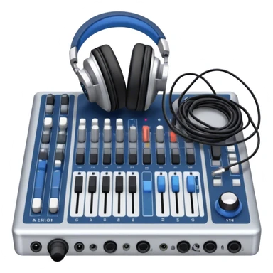 Create a professional and technical emoji that represents sound engineering. The design should feature a sound mixing console with faders, a pair of studio headphones, and audio waveforms to symbolize the precision and technicality of sound mixing and mastering. Include elements like a microphone or audio cables to reflect the recording aspect. Use colors like silver, black, and dark blue to represent the technical, yet artistic side of sound engineering. The background should be transparent. sticker