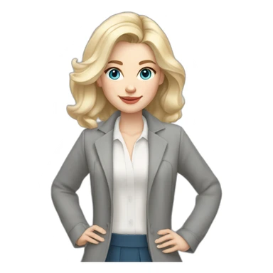 pale skin woman interior designer with cold blonde middle length hair, blue eyes, White blouse, Gray oversize jacket, Gray skirt holding a color palette in the hands sticker