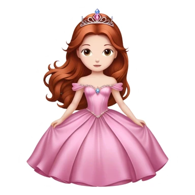 Cinematic Majestic Sleeping Beauty Portrait Emoji, rendered in a clean, vector-style with bold, simplified shapes. Show Aurora with a serene, noble expression, luminous porcelain skin, and elegantly flowing auburn hair, dressed in an opulent pink ball gown. The design radiates a majestic, enchanted glow with high shine and a soft glowing outline, embodying classic royal elegance. sticker