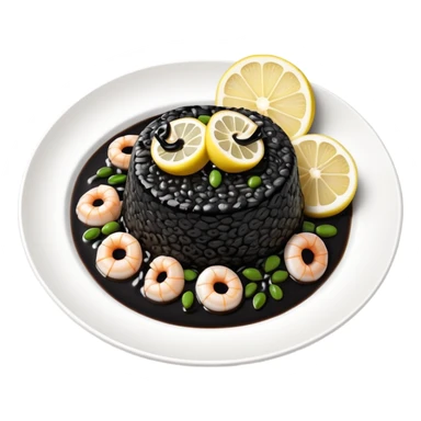 cinematic-realistic-black-risotto-dish,-showcasing-small squid pieces in black sauce -rendered-with-bold-textures-and-dynamic,-dramatic-lighting in a white plate with a grilled lemon on top sticker