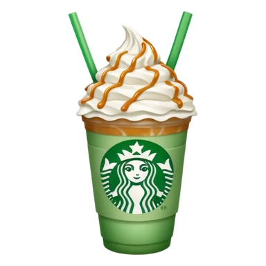 A 3D cartoon Starbucks Frappuccino cup with whipped cream and caramel drizzle, frosty texture, green straw, transparent cup with logo, soft cool lighting, Memoji-style. sticker