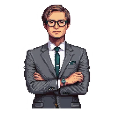 pixel art illustration of a businessman from the waist up, wearing a suit and glasses, hand under chin, gazing to the side with thoughtful expression, luxury watch subtly shown on wrist, curious and contemplative mood, clean background sticker