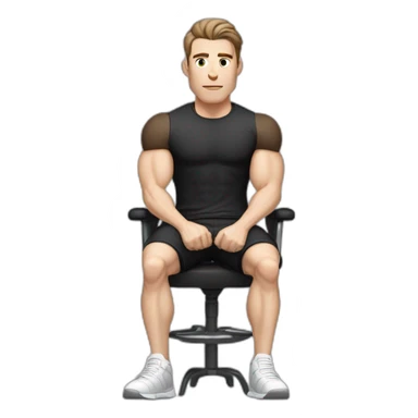 Pale skinned Fit Man With the biceps and dark brown hair in black shirt, gray sports shorts and white Sneakers Sitting on a chair sticker