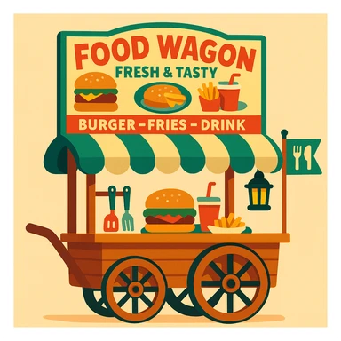 classic food wagon wooden with two large spoked wheels, pull handle, curved green and cream striped canopy, top signboard reading 'Food Wagon' in bold red, 'Fresh & Tasty', 'Burger – Fries – Drink', burger and food plate illustrations, utensils hanging from frame, black lantern at back, green flag with fork and knife icons at front, soft friendly nostalgic style sticker