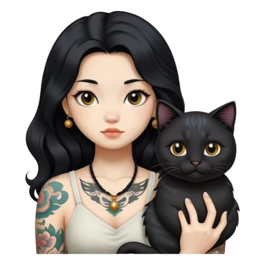 a Chinese girl with long black  Big Wave hair and tattoos and a black round faced cat  sticker